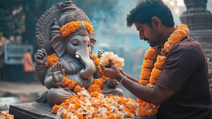 Devotee offers flowers to clay idol of Lord Ganesha during festival celebrations in a vibrant outdoor setting