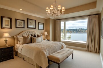 A beautifully decorated bedroom featuring a large bed and scenic view