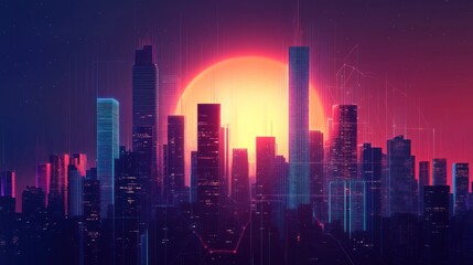 Obraz premium Cyberpunk Cityscape at Sunset: Neon Lights and Digital Skyline