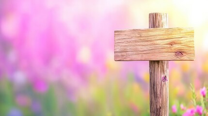 Naklejka premium A wooden signpost stands against a backdrop of colorful flowers, creating a serene and vibrant atmosphere.