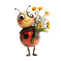 Naklejka premium Cute Ladybug Holding Flowers, isolated on transparent background
