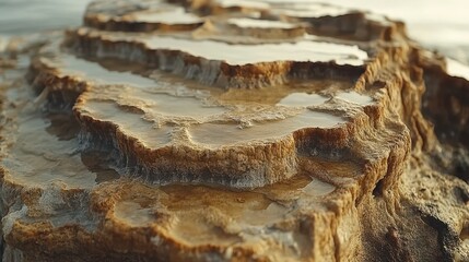 Textured rock formation with shallow pools of water cascading down layers