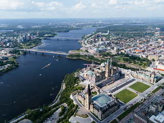 Fototapeta premium Aerial view of the capital Parliament under renovation the skyline of downtown Ottawa