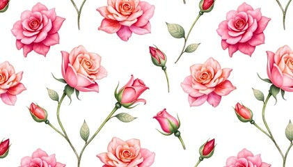 Naklejka premium Delicate watercolor rose buds, repeat pattern on white , romantic, fabric, print