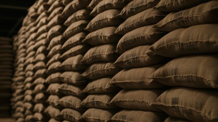 Rows of burlap sacks are neatly stacked in a warehouse, showcasing their earthy tones. This storage area is organized and well-maintained for efficient access to the goods