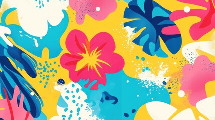 A lively design featuring a mix of tropical flowers and leaves in bright colors of pink, blue, and white against a cheerful yellow backdrop. This artwork exudes a playful and vibrant energy