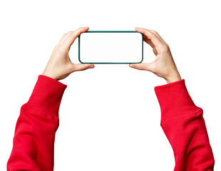 Woman's hands in red sleeves holding smartphone with blank white screen in horizontal position