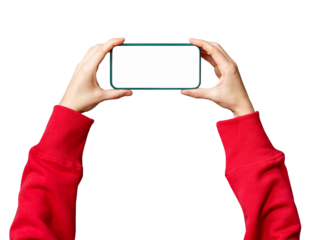 Woman's hands in red sleeves holding smartphone with blank white screen in horizontal position