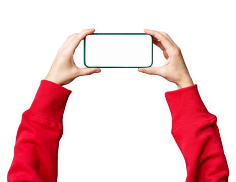 Woman's hands in red sleeves holding smartphone with blank white screen in horizontal position