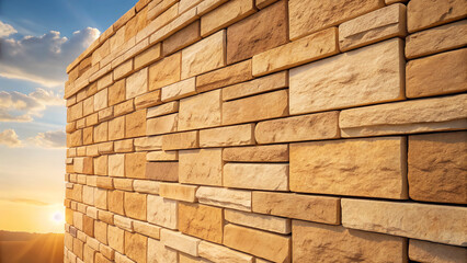 Golden sunset hues illuminate a robust stone wall, a testament to enduring strength and timeless beauty, textured with natural light and shadow.