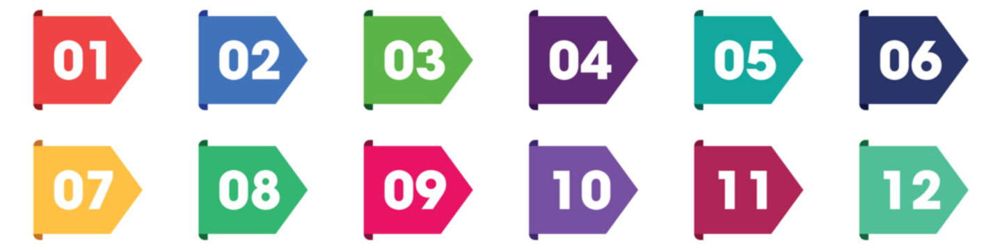 Number bullet points set 1 to 12. Transparent background