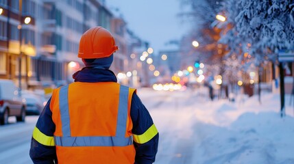 Obraz premium A construction worker in an orange vest and helmet surveys a snow-covered street illuminated by colorful city lights in a winter setting.