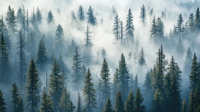 Misty pine forest with towering trees and a soft light. - Powered by Adobe