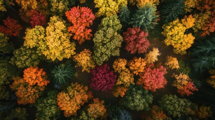 A breathtaking aerial view reveals a forest alive with vibrant fall colors. The rich hues of red, orange, and yellow dominate the landscape, showcasing nature's artistry during autumn