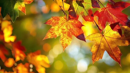 Obraz premium Colorful leaves in shades of red, orange, and yellow hang from tree branches, illuminated by soft sunlight in a serene forest during autumn. The atmosphere feels cozy and inviting