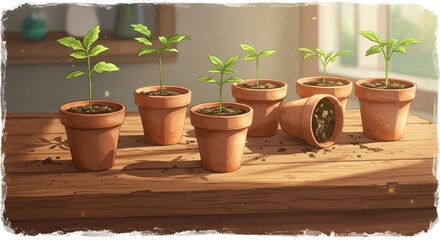 Fototapeta premium A cozy watercolor background featuring small clay pots with tiny green saplings, arranged on a rustic wooden table