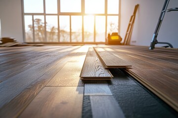 Hardwood flooring installation in a bright interior space Generative AI