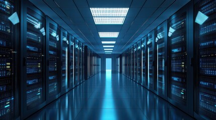 Fototapeta premium The corridor in a modern data center features rows of servers lined along both sides. Blue lights illuminate the space, emphasizing the advanced technology. The atmosphere is sleek and high-tech