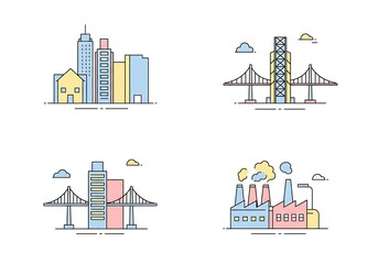 Obraz premium Icon Set Presenting Building, Bridge, and Industrial Plant in Minimal Style