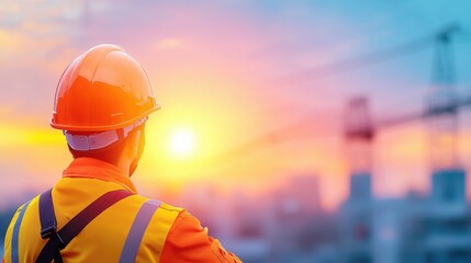 A construction worker in an orange safety vest and helmet watches a vibrant sunset over a city skyline, highlighting the intersection of labor and nature.
