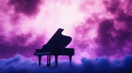 A grand piano stands alone in a cloud of mist with a backdrop of swirling purple and pink skies. The scene evokes a sense of magic and creativity during twilight hours