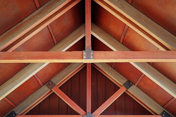 Metal roof beams create a symmetrical pattern in a structure Generative AI