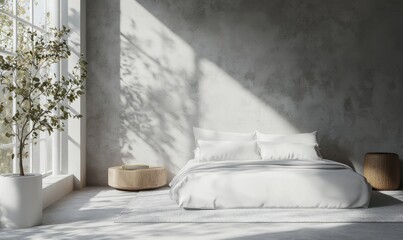 A bright bedroom interior displays a bed and decorative elements in the space