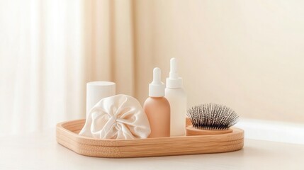Elegant arrangement of skincare products and accessories on wood
