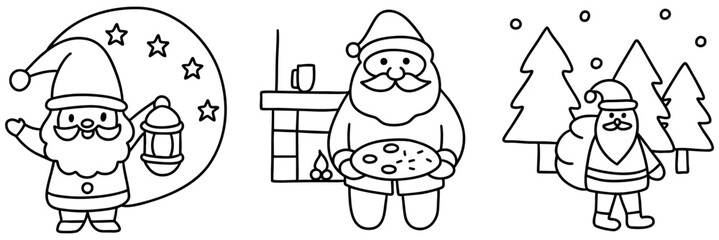Cute Santa Claus illustrations with festive elements like stars, cookies, and Christmas trees evoke joyful holiday spirit