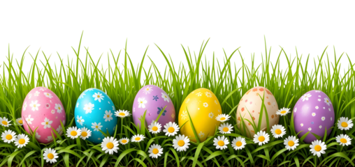 A template of a collection of painted easter eggs celebrating a Happy Easter with green grass, against a transparent background.