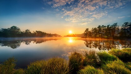 reflections of light on tranquil waters create a serene and enchanting atmosphere in nature s embrace at dawn