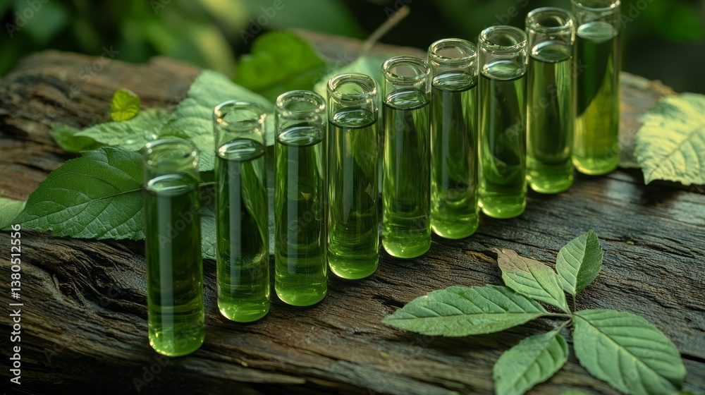 Poster glowing green liquid fills a series of test tubes arranged neatly on a textured wooden surface. fres