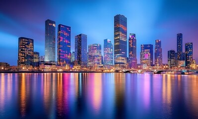 Obraz premium Neon City Skyline Vector Illustration with Modern Buildings in Purple and Blue Flat Design