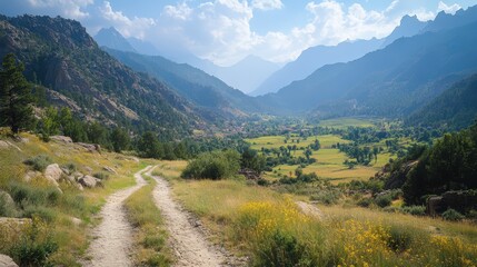 Fototapeta premium A winding dirt path meanders through a lush green valley surrounded by majestic mountains. Sunlight illuminates fields, creating a serene and picturesque landscape
