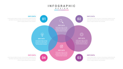 infographic 4 point stage template with venn diagram blending and big circle center for slide presentation vector