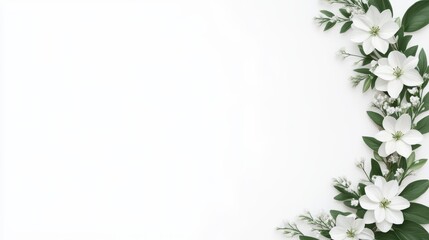 Fototapeta premium Delicate white flowers with green leaves are thoughtfully arranged on a light background, creating an elegant spring decoration ideal for events or invitations