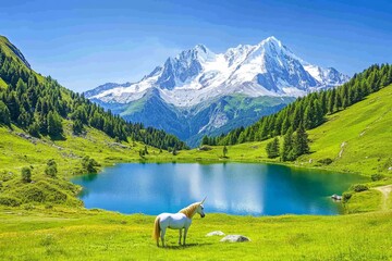 A majestic unicorn with a radiant golden horn standing beside a crystal-clear lake