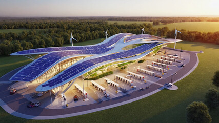 Modern sustainable gas station with solar panels and wind turbines