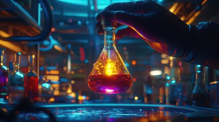 Chemical experiment in futuristic lab action science neon environment close-up view