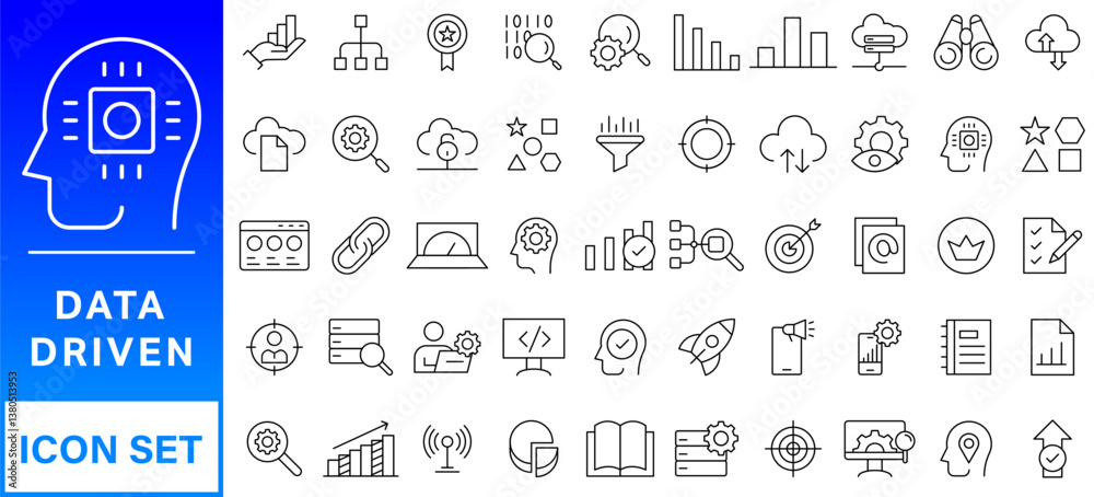 Poster data driven line icon set. editable stroke. containing as big data, data mining, algorithm, analytic