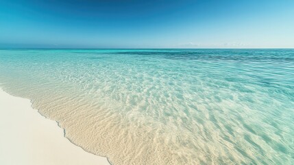 Fototapeta premium Shallow transparent waters gently lapping over powdery white sandbanks,smooth surface reflectingbright blue sky, soft gradients of aquamarine and teal blending seamlessly,