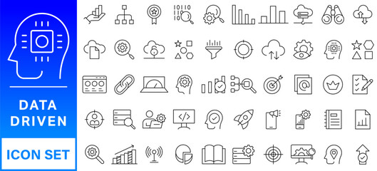 Data driven line icon set. Editable stroke. Containing as big data, data mining, algorithm, analytics, machine learning, ai, science, warehouse, database, dataset and more.