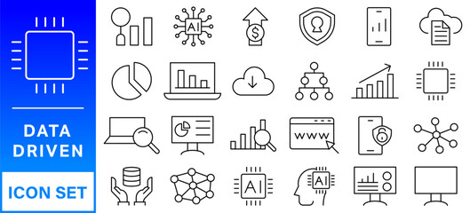 Data driven line icon set. Editable stroke. Containing as big data, data mining, algorithm, analytics, machine learning, ai, science, warehouse, database, dataset and more.