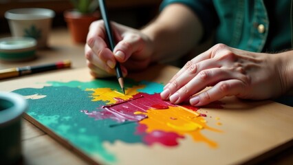 Obraz premium Close-up of artistic painting process with vibrant colors on canvas.