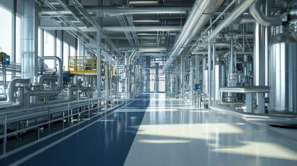 Fototapeta premium Modern Industrial Plant Interior Steel Pipes Pathways