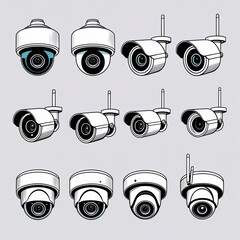 A hand-drawn security camera icon set featuring different types of surveillance cameras, including dome, bullet, and wireless cameras, with simple line art.