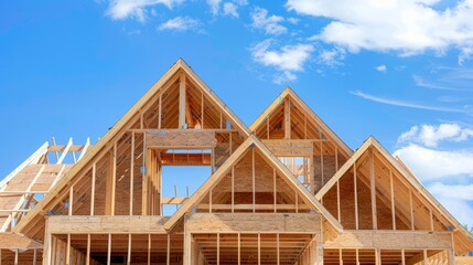 Construction of wooden house against clear sky, beams and building frame visible, great for articles about construction and architecture.