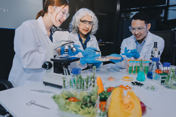 Team Asian scientists in a lab conducting food research using a microscope and lab equipment,...