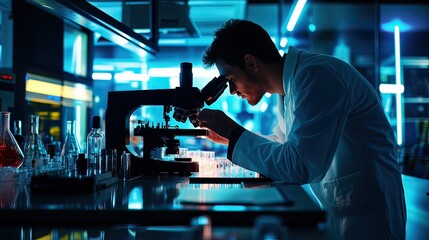 Scientific research action in laboratory examining samples under microscope