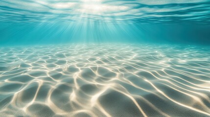 Sunlight filtering throughcrystal-clear water, illuminatingfine details ofsand below, gentle ripples forming mesmerizing patterns,transition from pale blue to deep turquoise enhancingvisual depth,